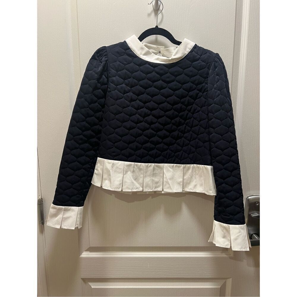 Katharine Kidd Navy Celie Quilted Top - Ruffle Sleeve & Hem Top Size S NWT $385 - Picture 9 of 13